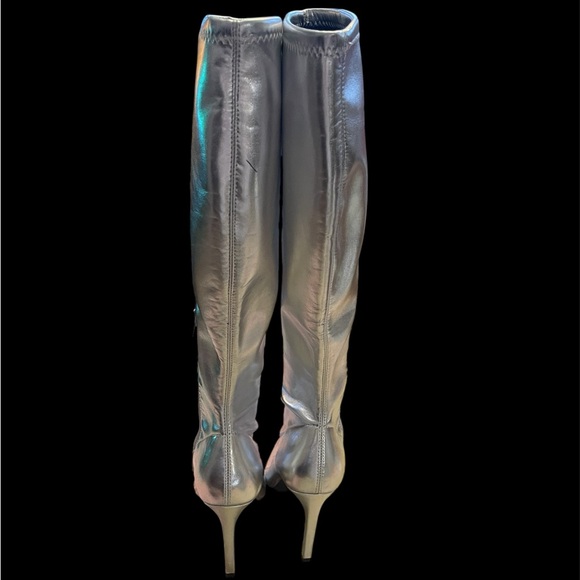 Open Edit Metallic Silver Knee High Boots w/Pointed Toe & Stiletto Heel - Picture 3 of 7